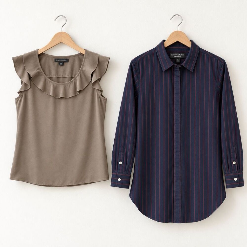 Banana Republic Women M Blouse Shirt Bundle Parker Tunic Taupe Navy Tops-1